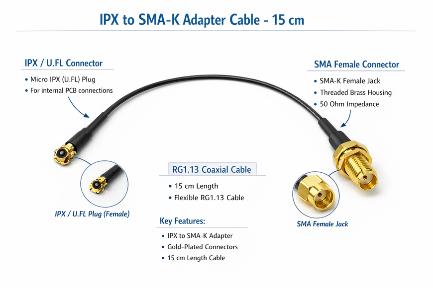 Антенний перехідник IPX to SMA-K 15 cm, IPX SMA мама, IPX SMA female, U.fl SMA female RG1.13 15145 фото